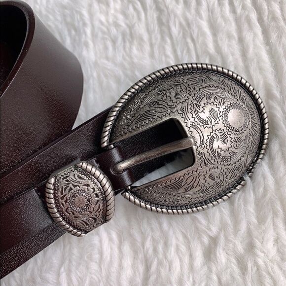 Vintage Style Genuine leather Belt with Floral Engraved Pattern Buckle - Picture 12 of 16
